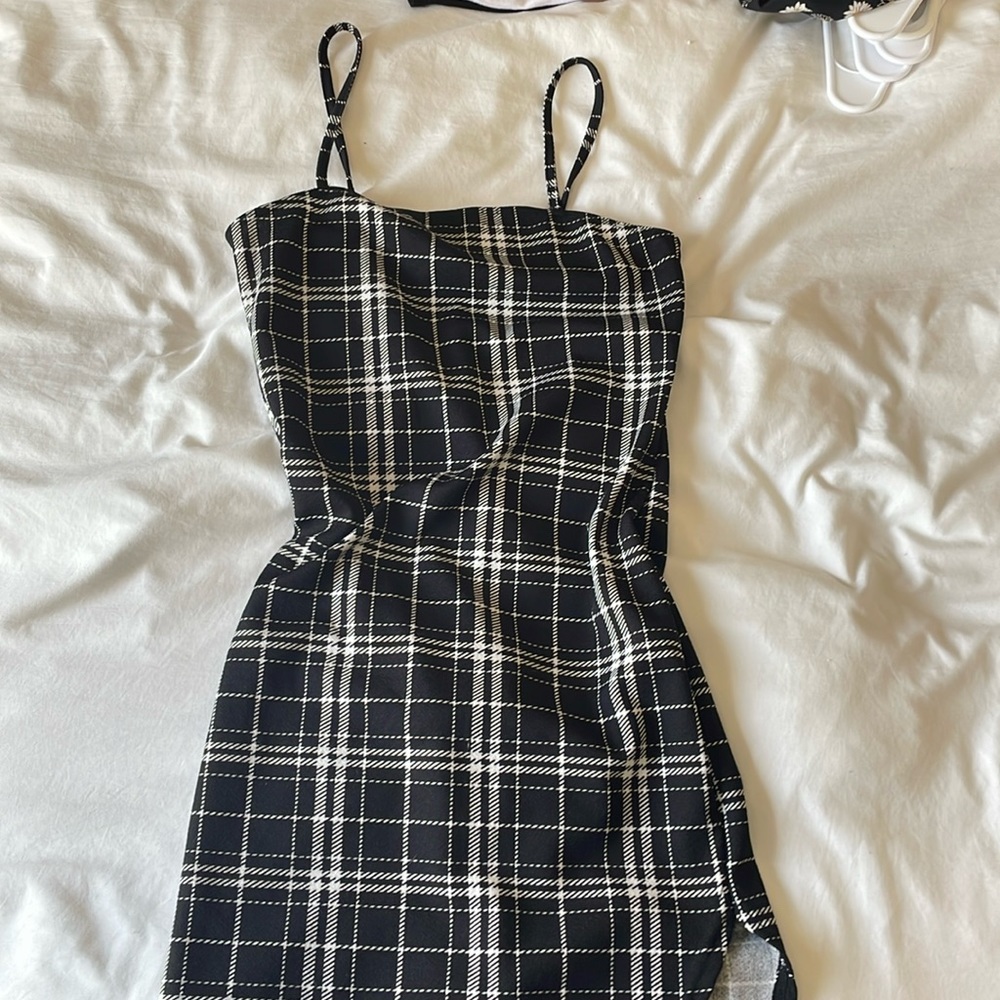 plaid black and white mini dress with slit